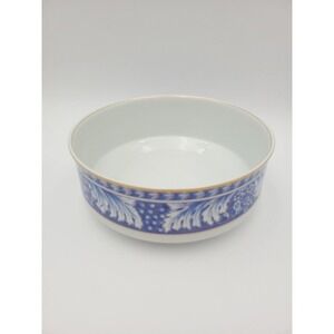 Vtg Block Spal Obidos Porcelain Vegetable Serving Bowl 9" Blue Floral Gold Trim